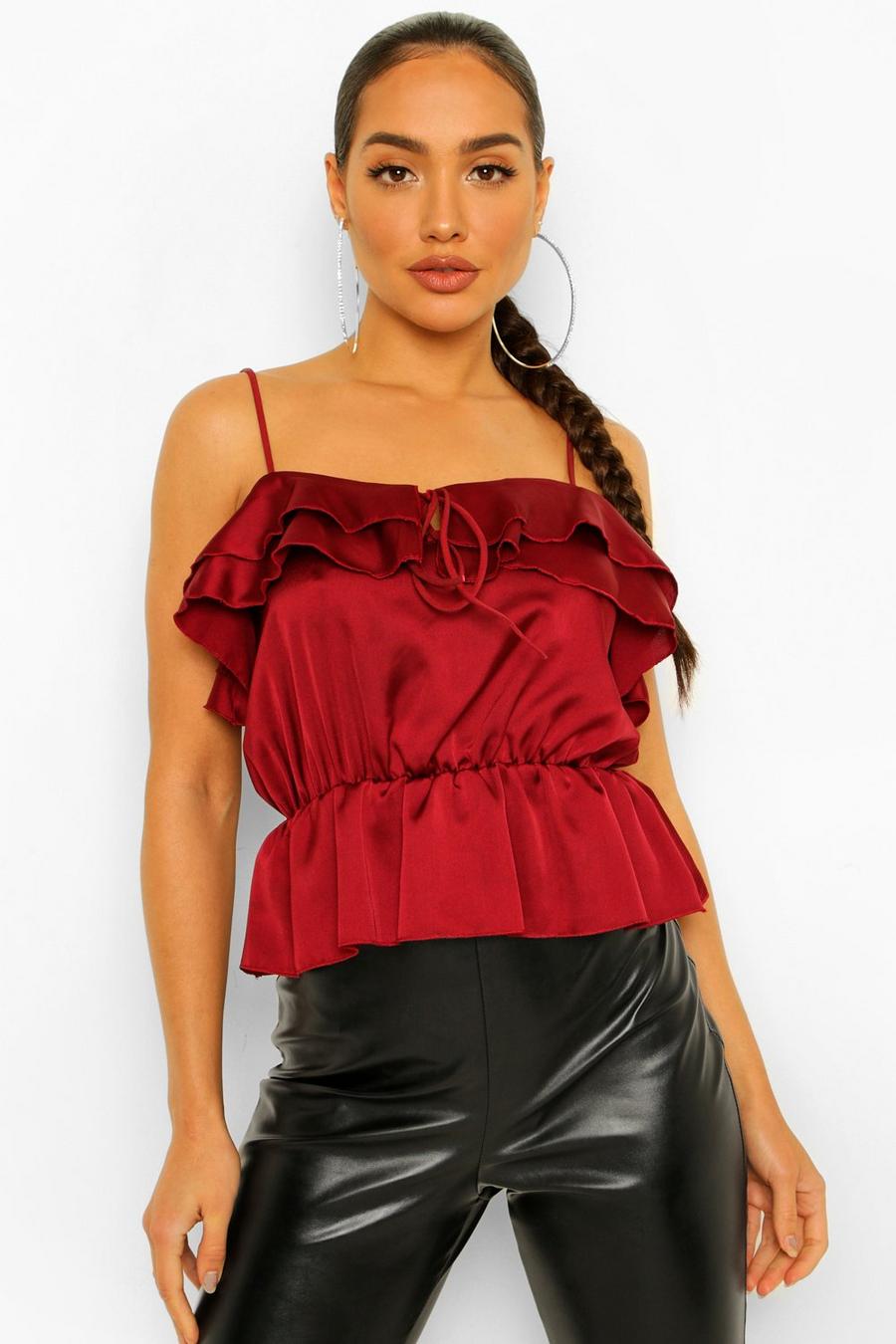 Berry Satin Ruffle Camisole image number 1