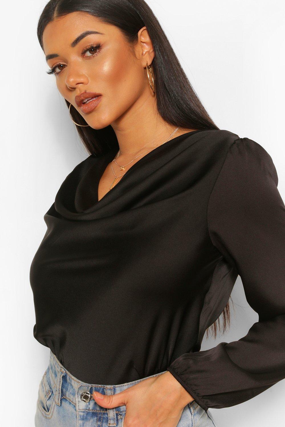 black satin cowl neck top