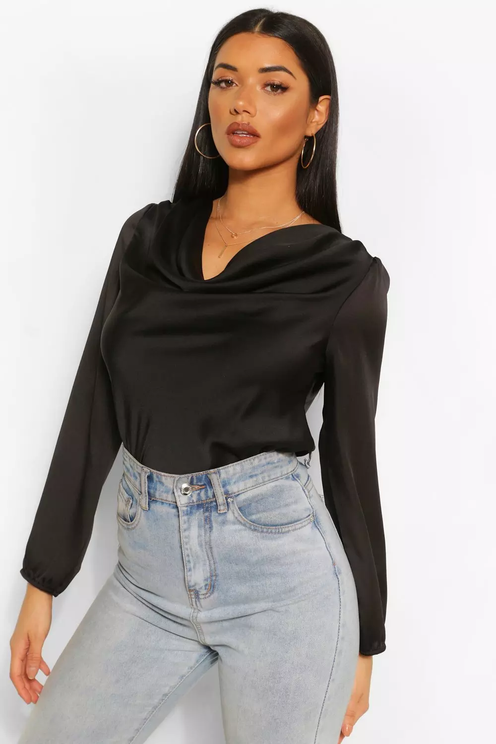 Satin Cowl Neck Long Sleeve Top