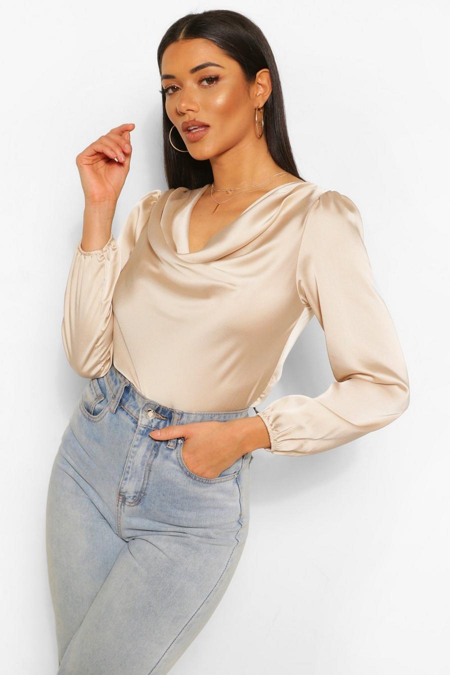 Champagne Satin Cowl Neck Long Sleeve Top image number 1
