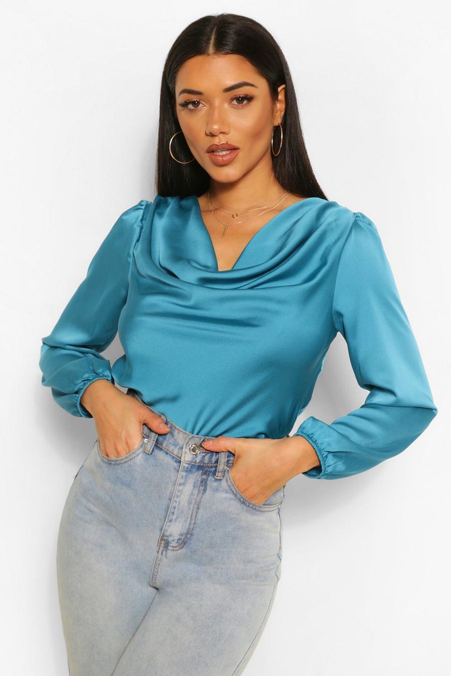 Teal Satin Cowl Neck Long Sleeve Top image number 1
