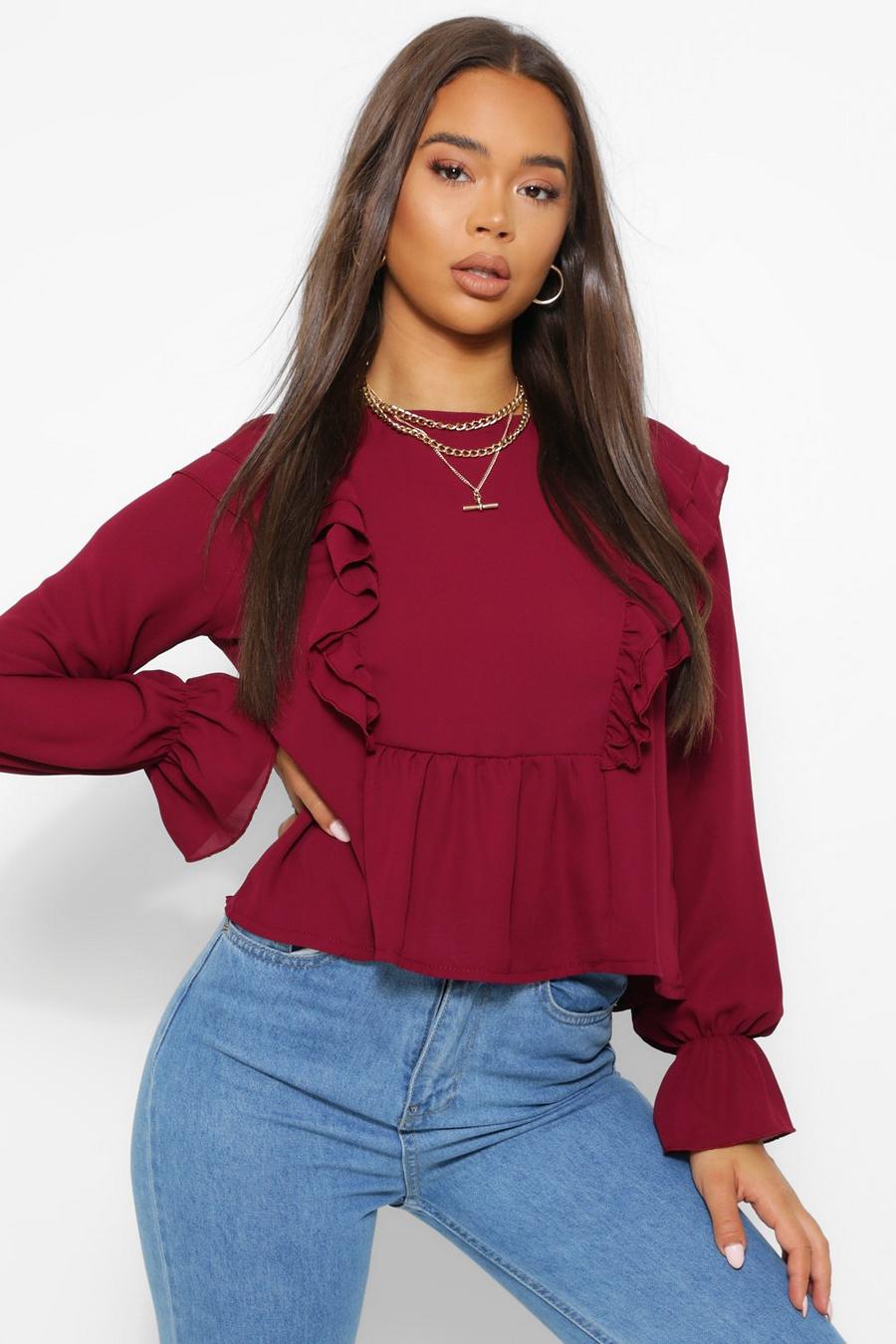 Berry Woven Ruffle Shoulder Smock Top image number 1