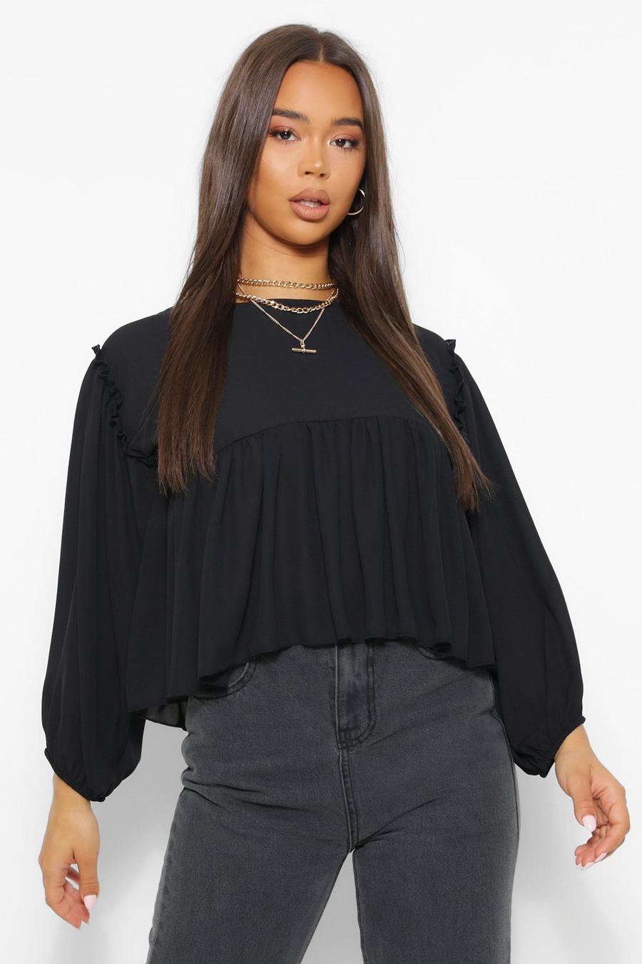 Black Woven Ruffle Smock Top image number 1