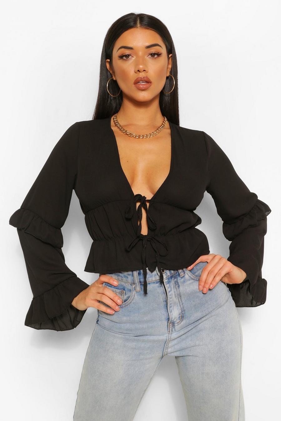 Black Woven Ruffle Blouse image number 1