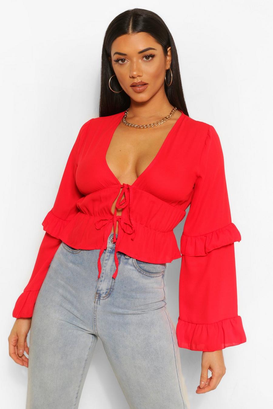 Red Woven Ruffle Blouse image number 1
