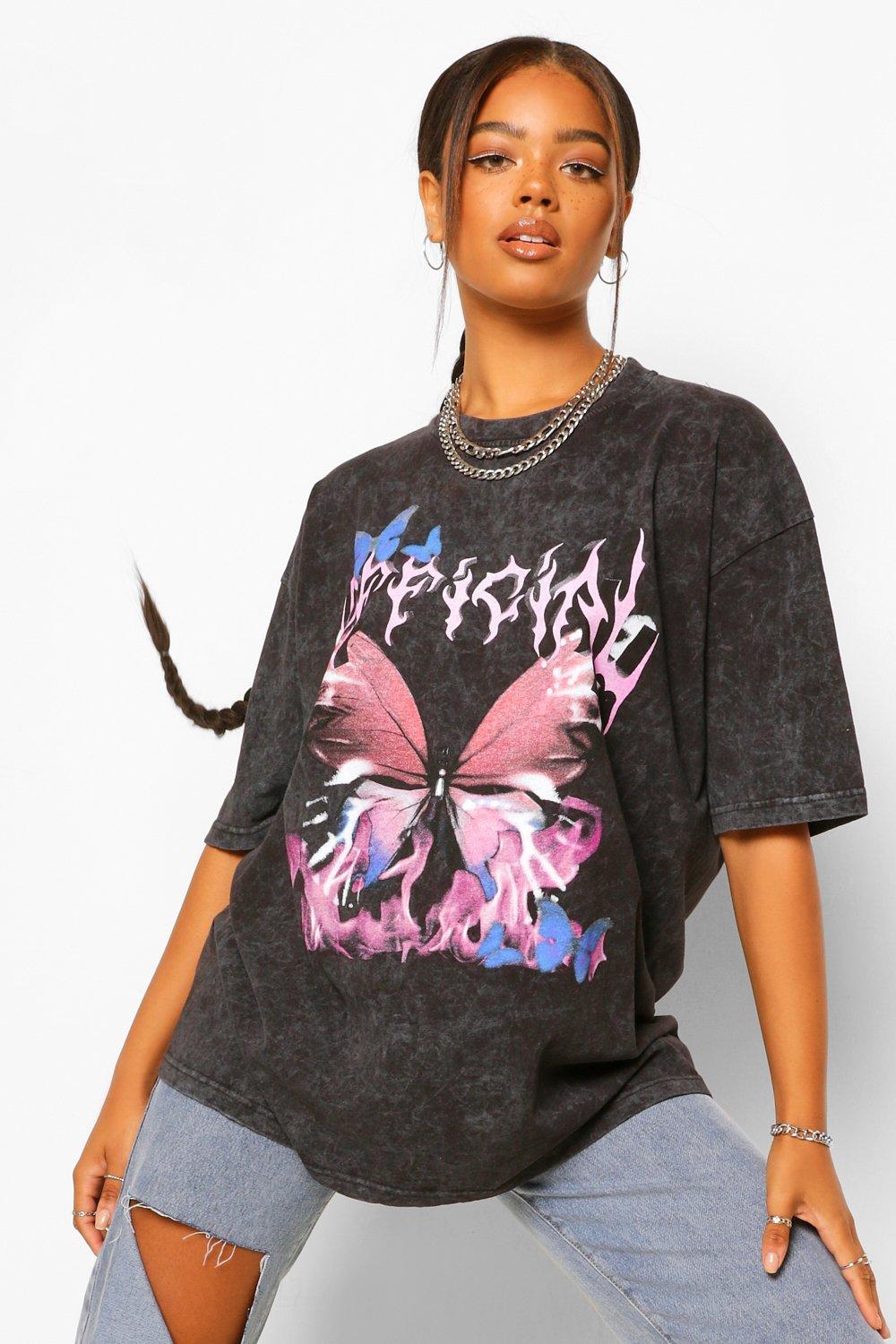 Boohoo Butterfly Print Oversized T-shirt in Lilac Grey Pink Womens Tops Boohoo Tops 