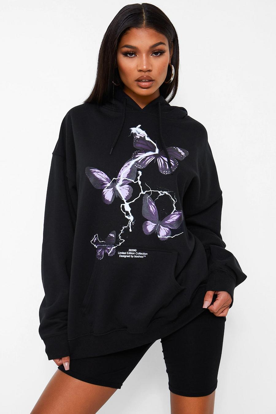 Black Butterfly Print Oversized Hoodie image number 1