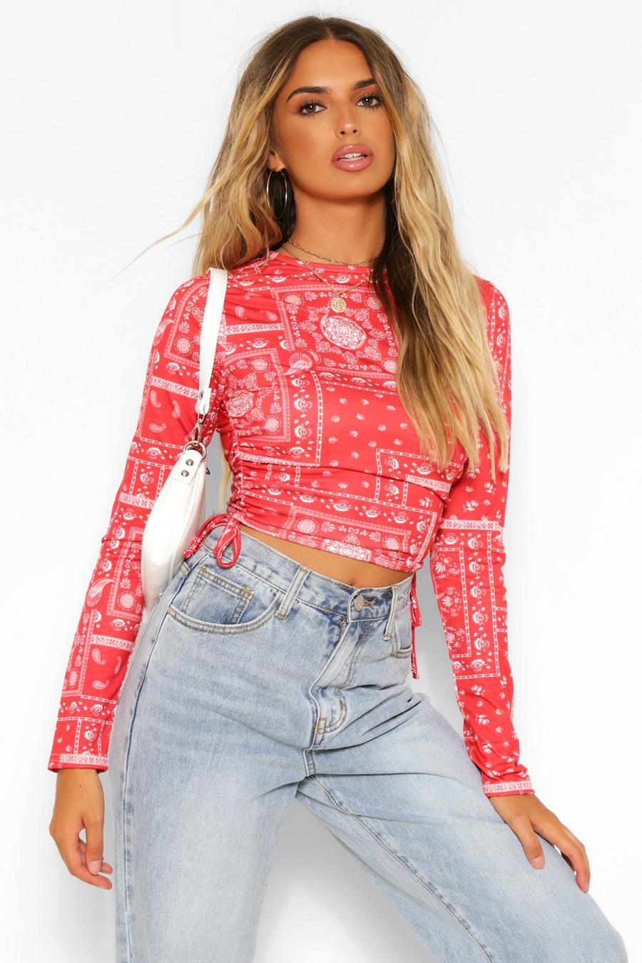 Red Bandanna Print Ruched Side Long Sleeve Crop image number 1