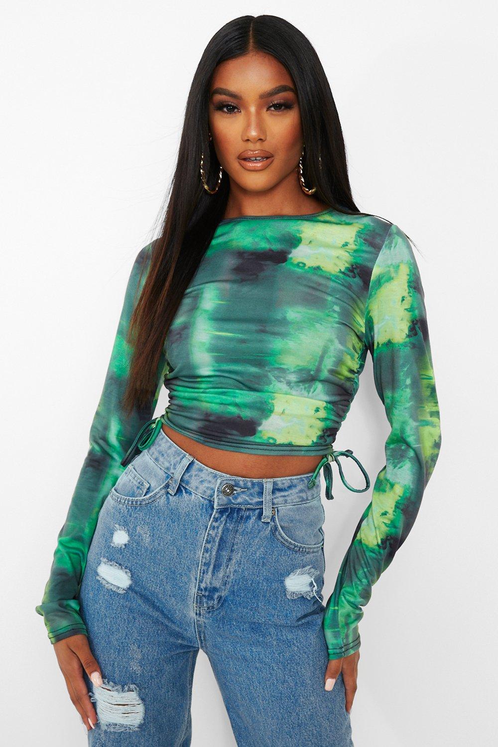 Tie Dye Ruched Side Long Sleeve Crop Top