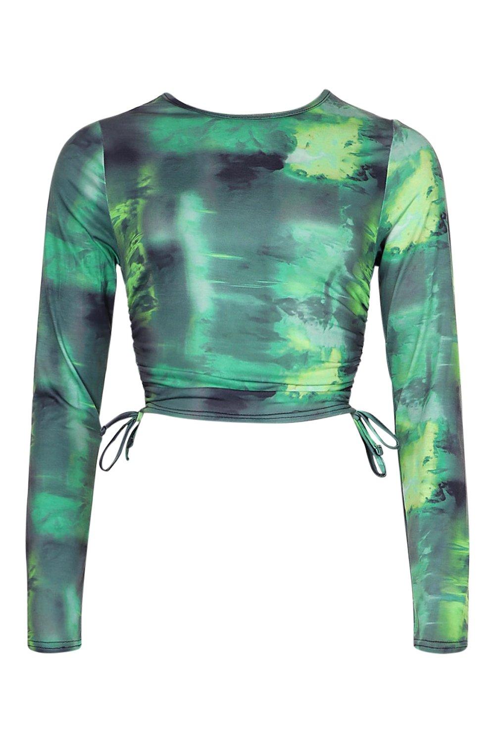 Women's Tie Dye Ruched Side Long Sleeve Crop Top