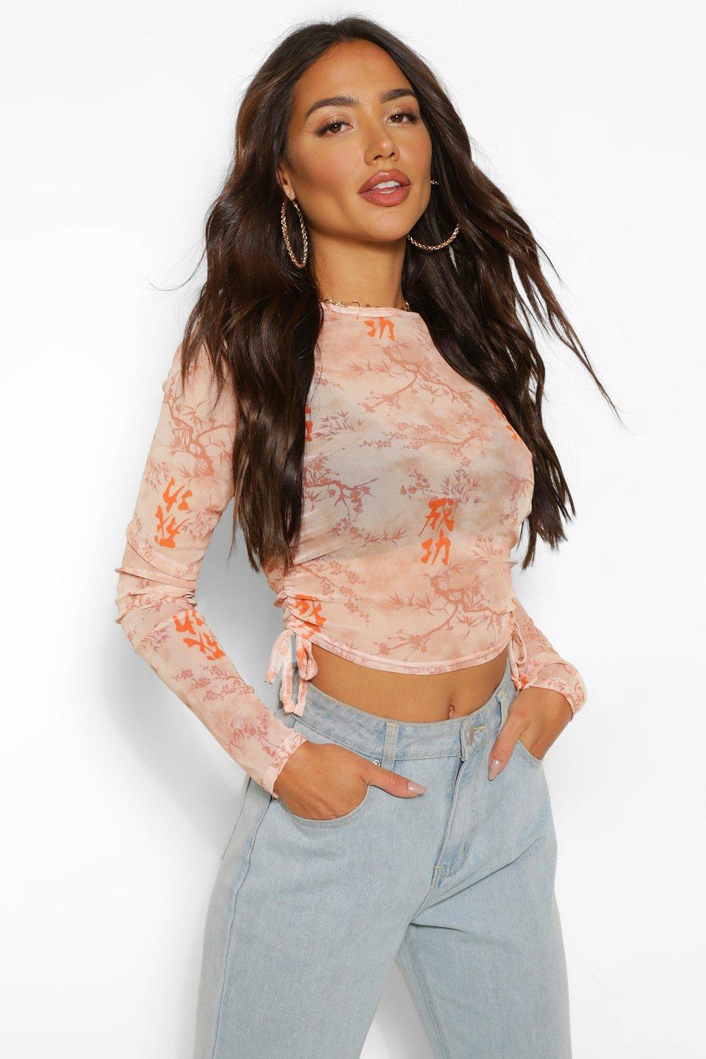 long sleeve crop mesh top