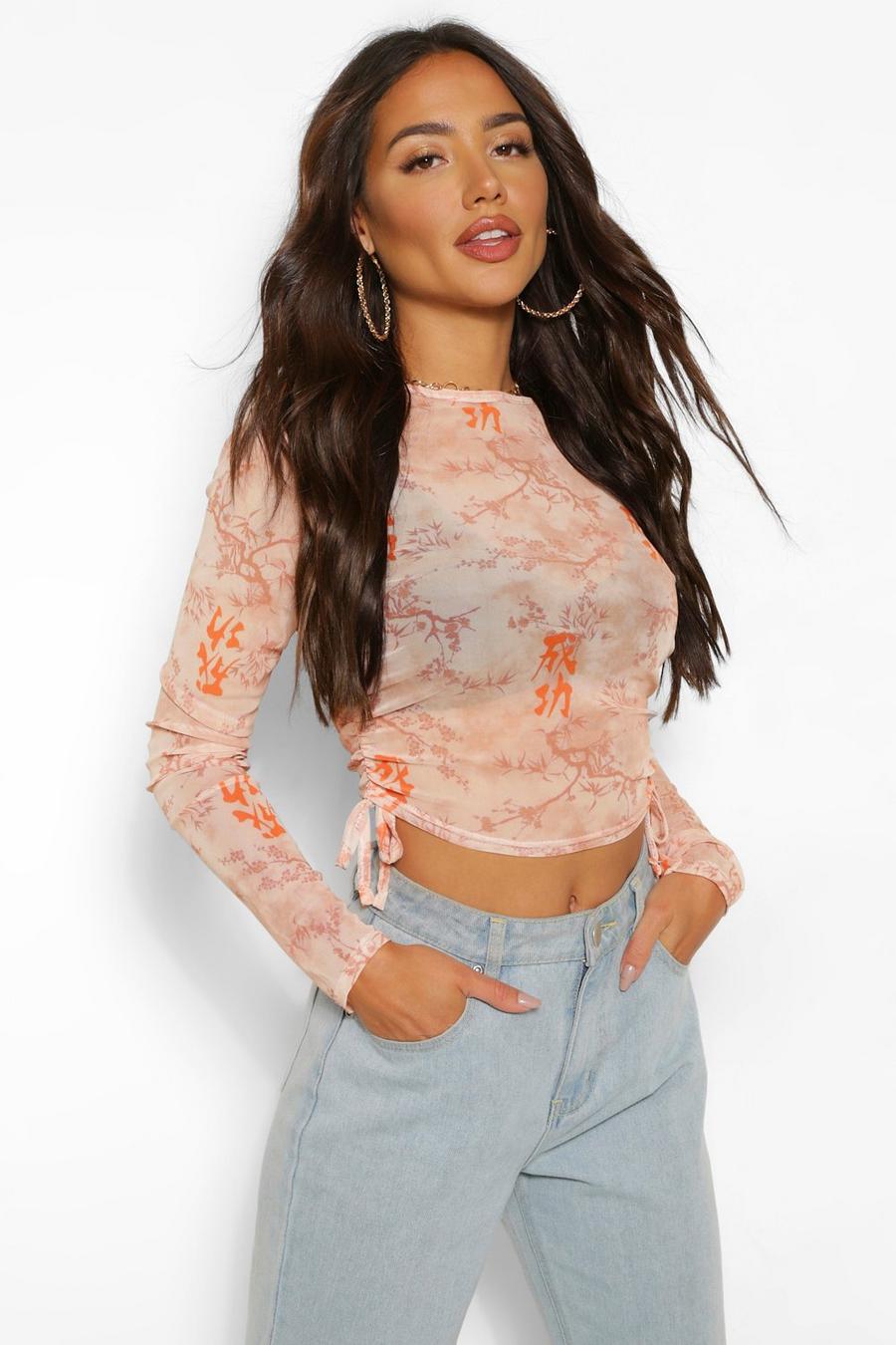 Nude Mesh Ruched Side Long Sleeve Crop image number 1