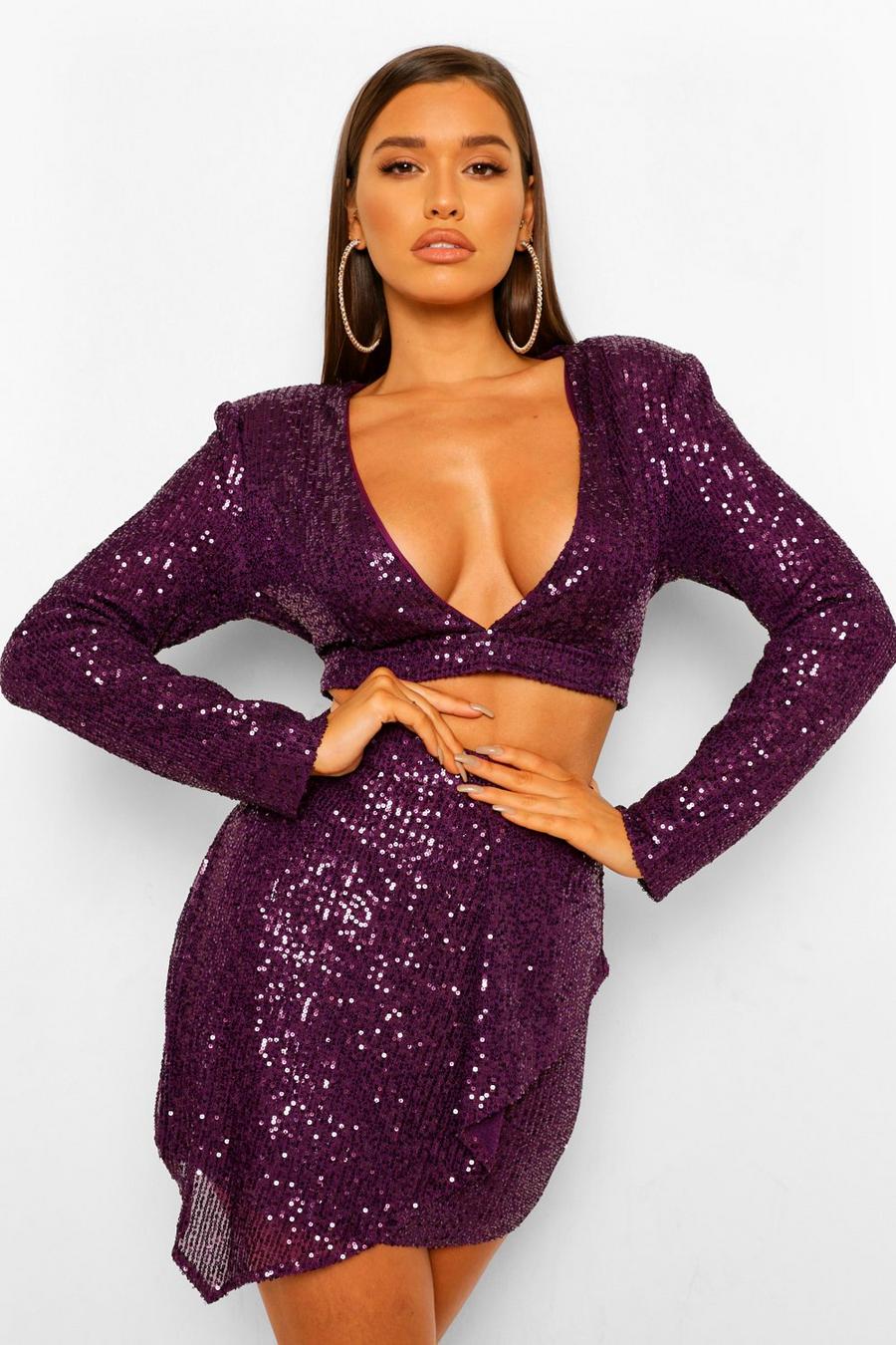 Purple Sequin Plunge Top and Drape Mini Skirt Co-ord image number 1