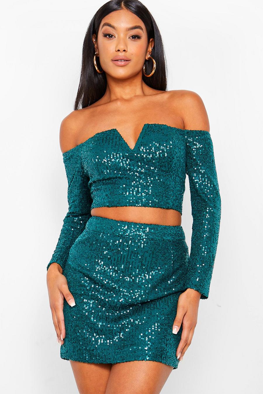 Emerald Sequin Off Shoulder V Top and Mini Skirt Co-ord image number 1