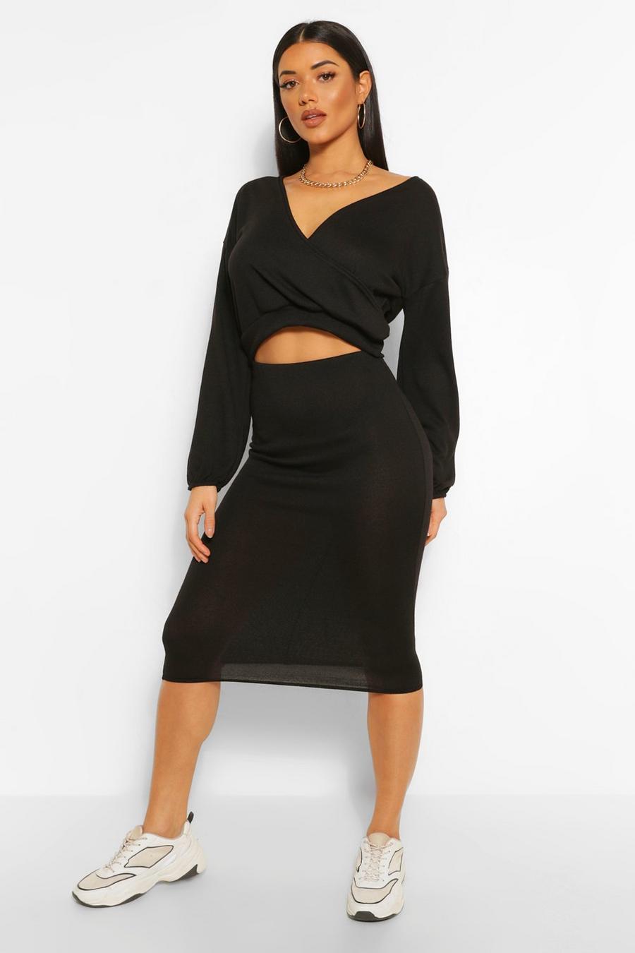 Black Soft Rib Wrap Over Button Top and Midi Skirt image number 1