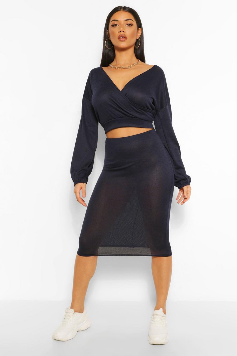 Navy Soft Rib Wrap Over Button Top and Midi Skirt image number 1