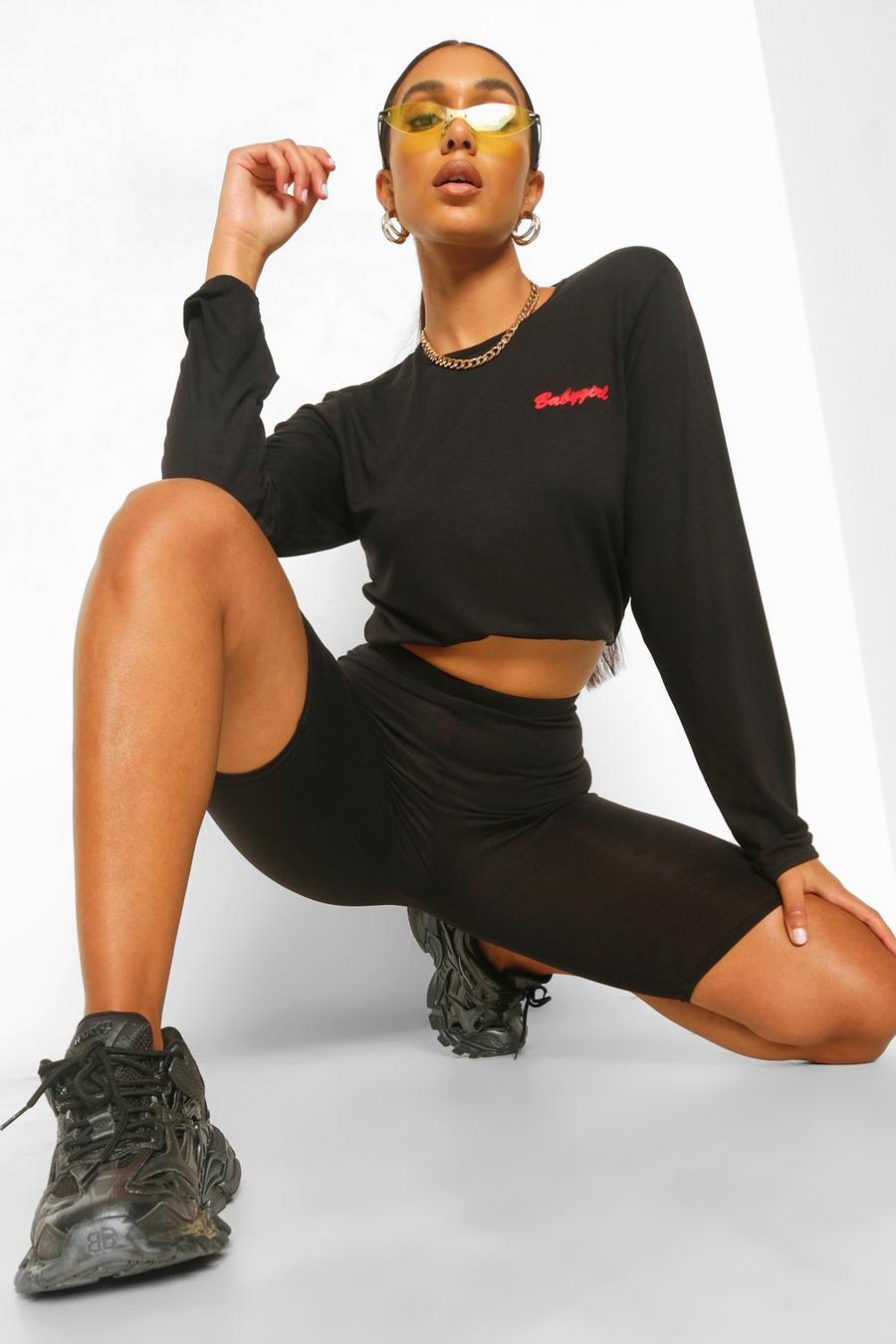 Black Baby Girl Slogan Crop Sweat and Cycling Short Set image number 1