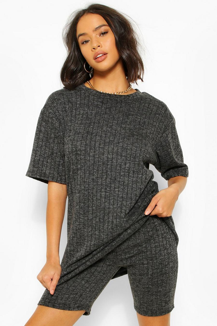 Black Knit Rib Oversize T-Shirt And Biker Short Two-Piece image number 1