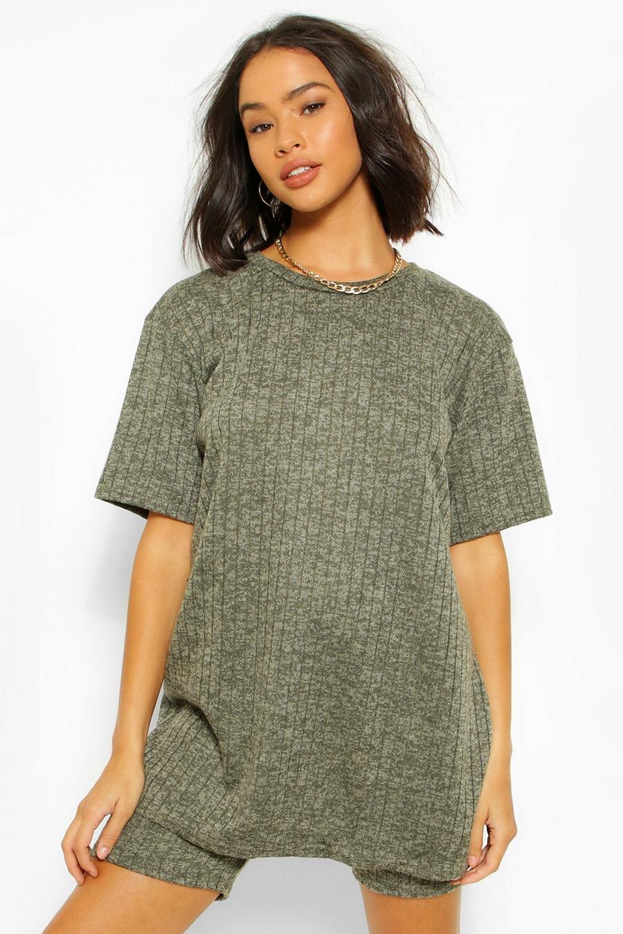 Khaki Knit Rib Oversize T-Shirt and Cycling Short Co-ord image number 1
