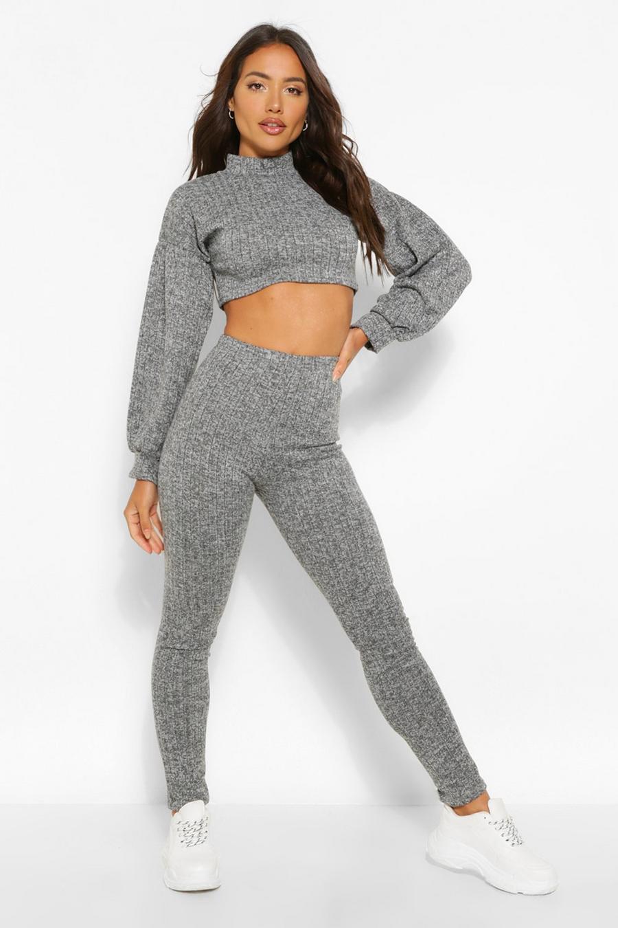 Grey Knit Rib Volume Sleeve Top and Legging Co-ord image number 1