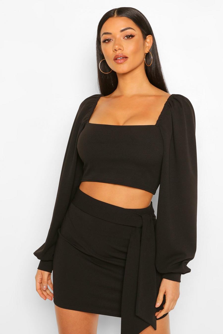 Black Volume Sleeve Top and Belted Mini Skirt Co-ord image number 1