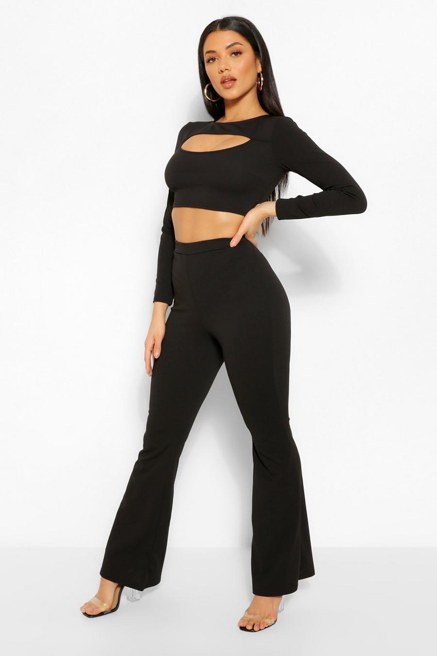 Black Cut Out Crop Top And Flare Pants Co-Ord image number 1