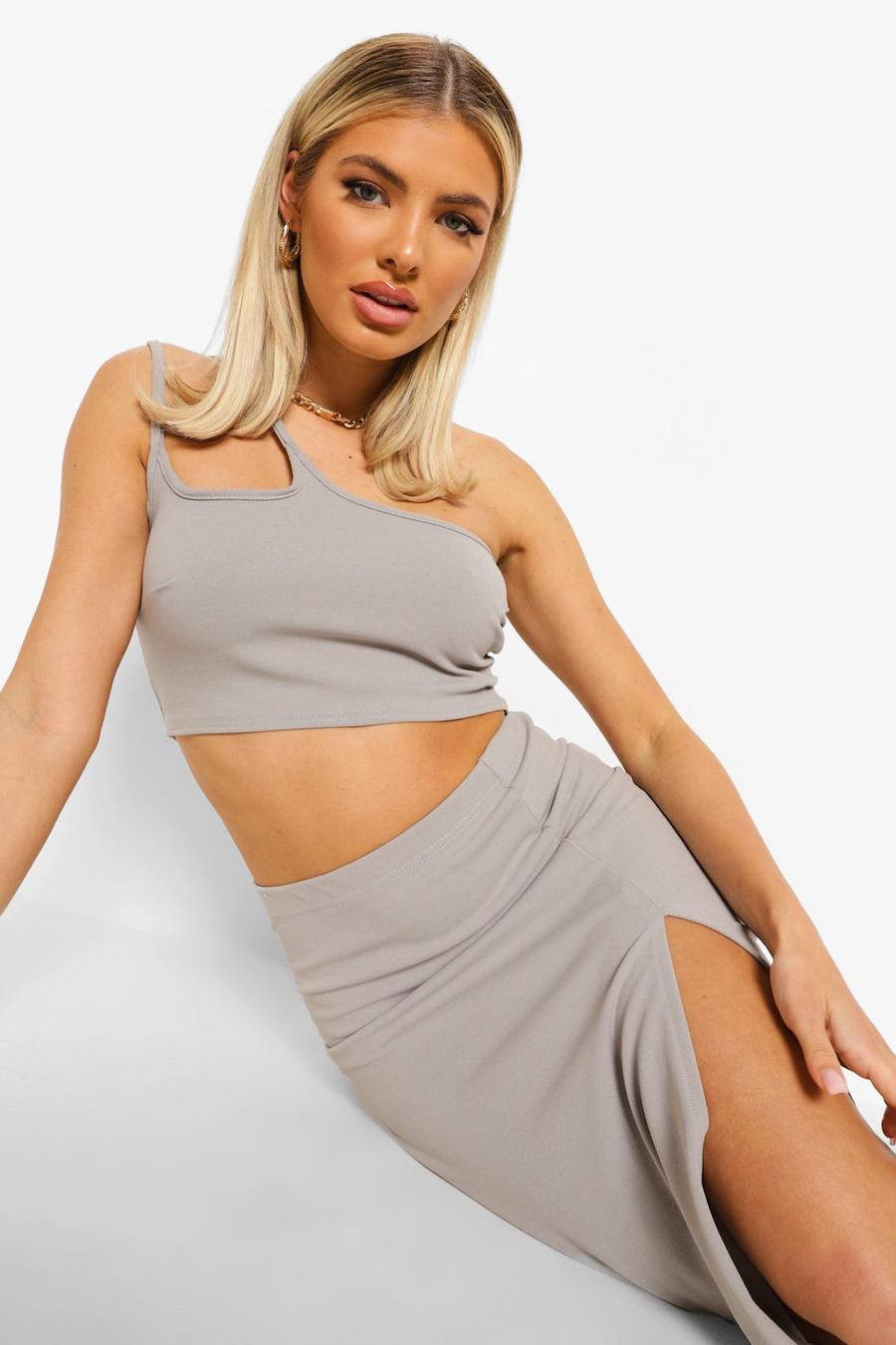 Silver Cut Out One Shoulder Crop and Midi Skirt Co-ord image number 1