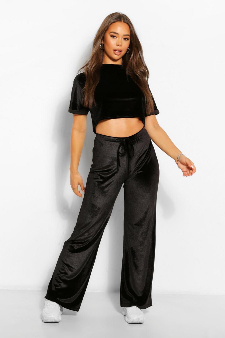 Black Velvet Box T-Shirt And Wide Leg Pants Two-Piece image number 1