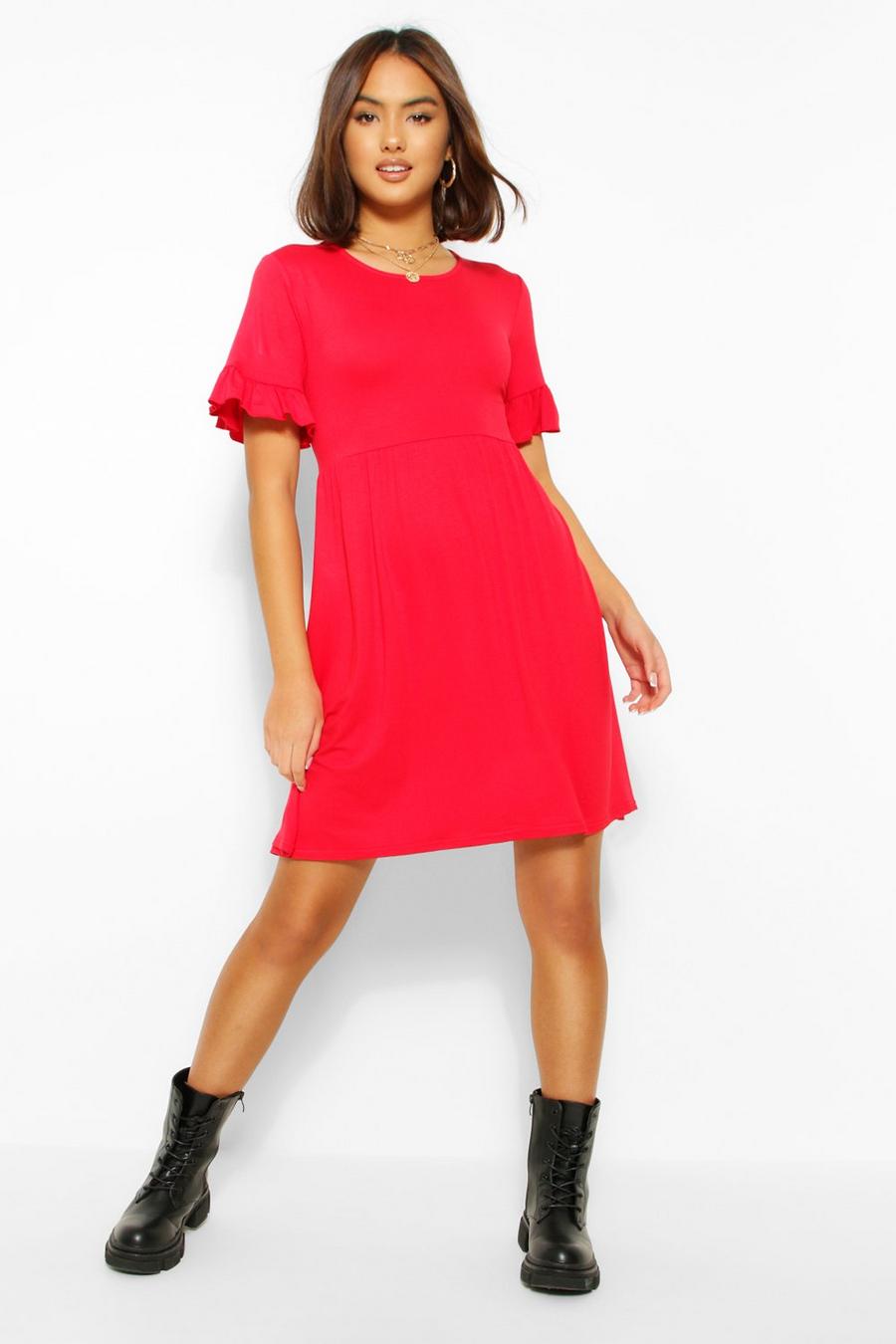 Red Basic Frill Sleeve Smock Dress image number 1