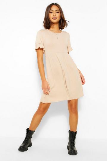 Basic Frill Sleeve Smock Dress stone