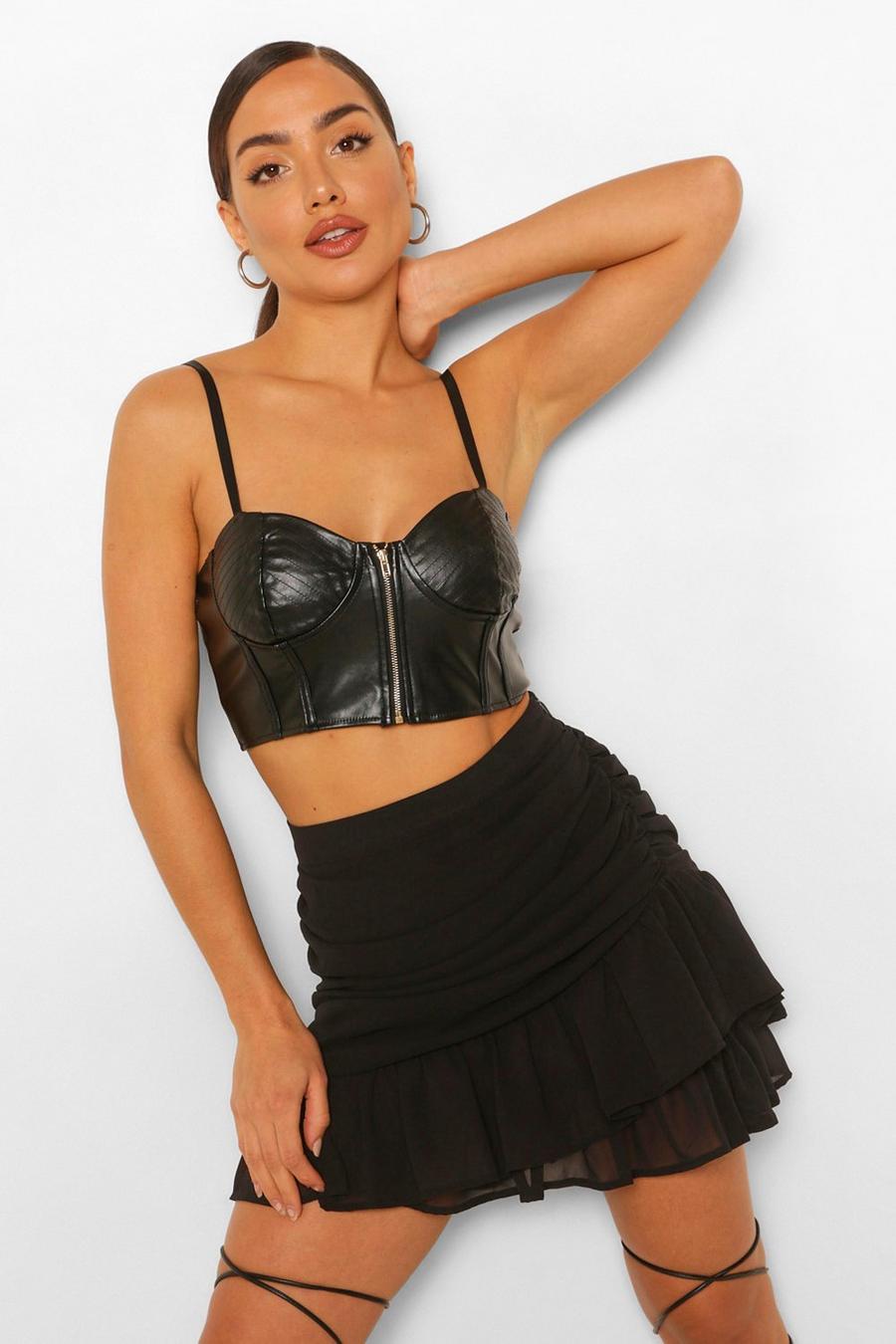 שחור חצאית מיני שיפון עם קפלים ומכפלת מסולסלת image number 1