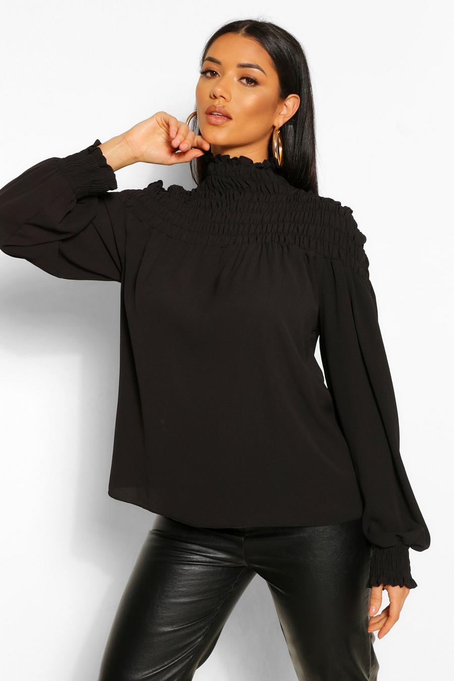 Black Woven Shirred High Neck Blouse image number 1