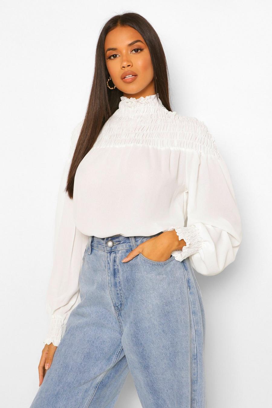 White Woven Shirred High Neck Blouse image number 1
