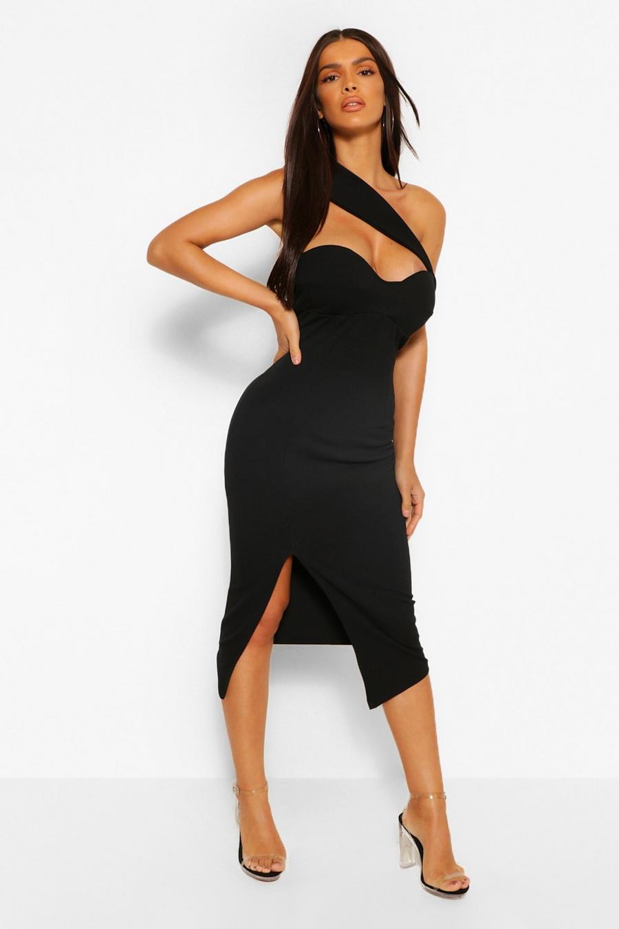 Black Asymetric Cut Out Midi Dress image number 1
