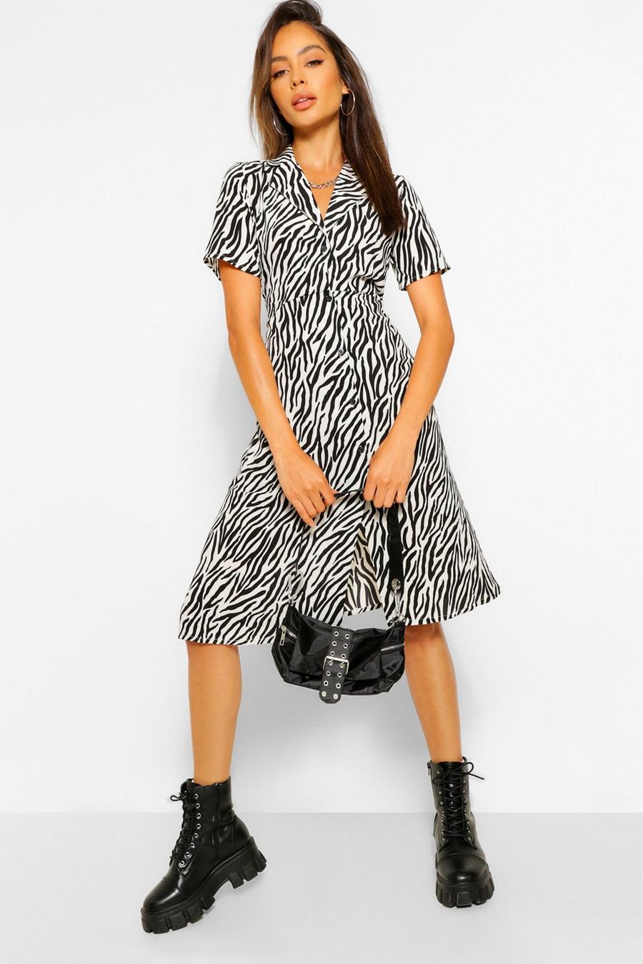 Black svart Zebra Print Shirt Style Midi Dress