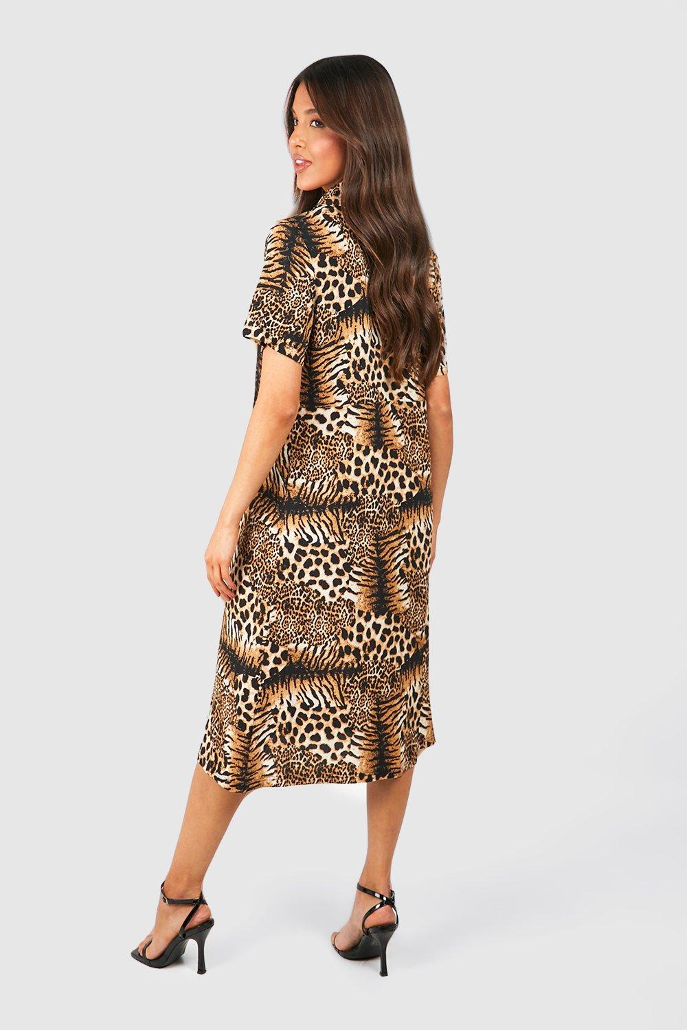 Tiger And Leopard Mix Shirt Style Midi Dress boohoo UK