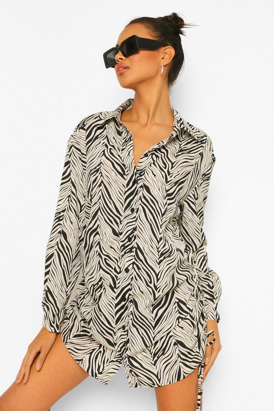 Zebra Print Ruched Side Shirt Dress image number 1
