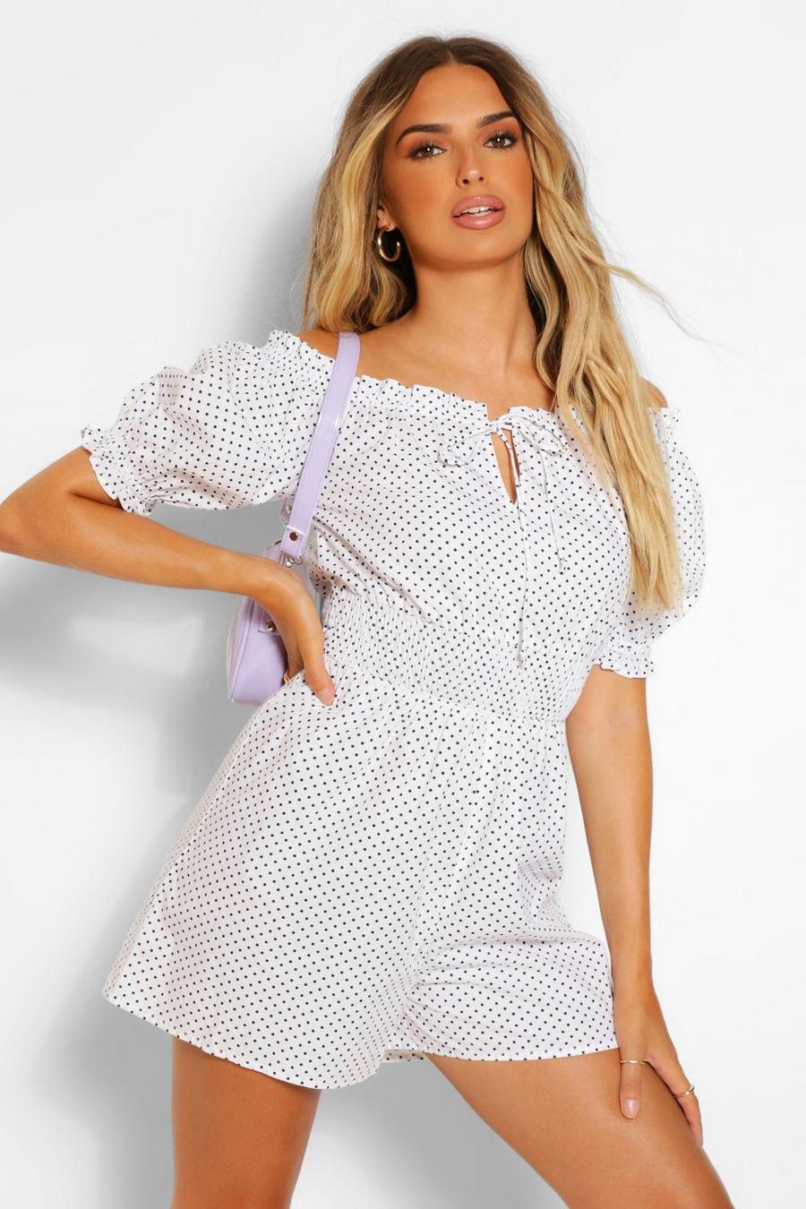 Woven Polka Dot Puff Sleeve Shirred Waist Playsuit image number 1