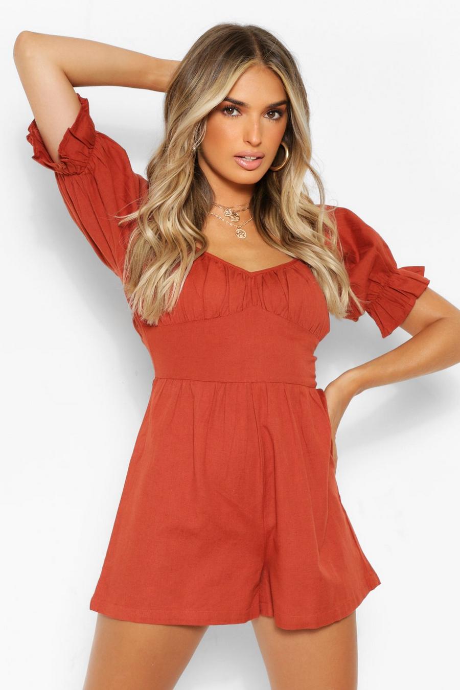 Rust Woven Puff Sleeve Bardot Playsuit image number 1