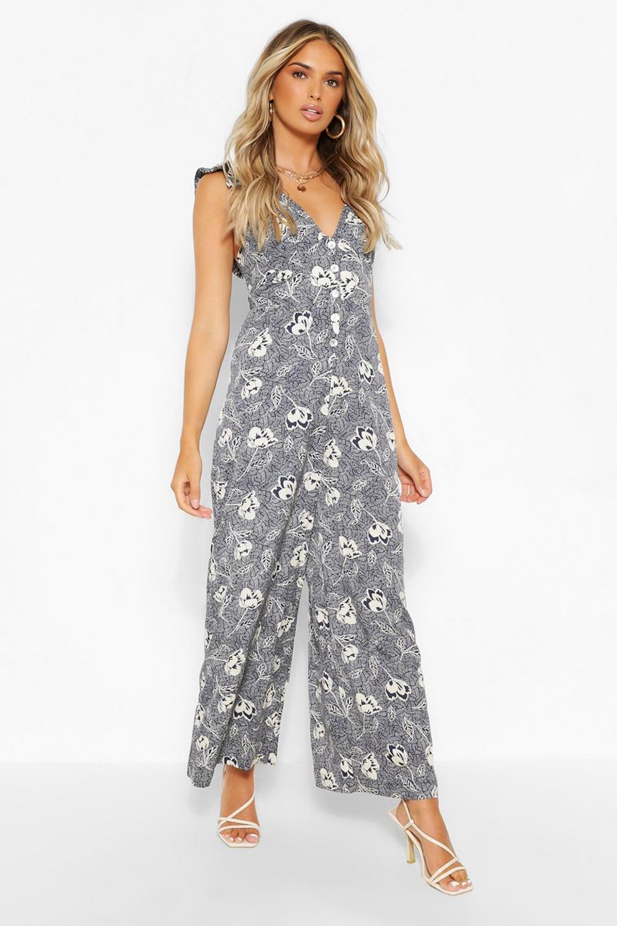 Navy Floral Print Woven Frill Sleeve Wide Leg Jumpsuit image number 1