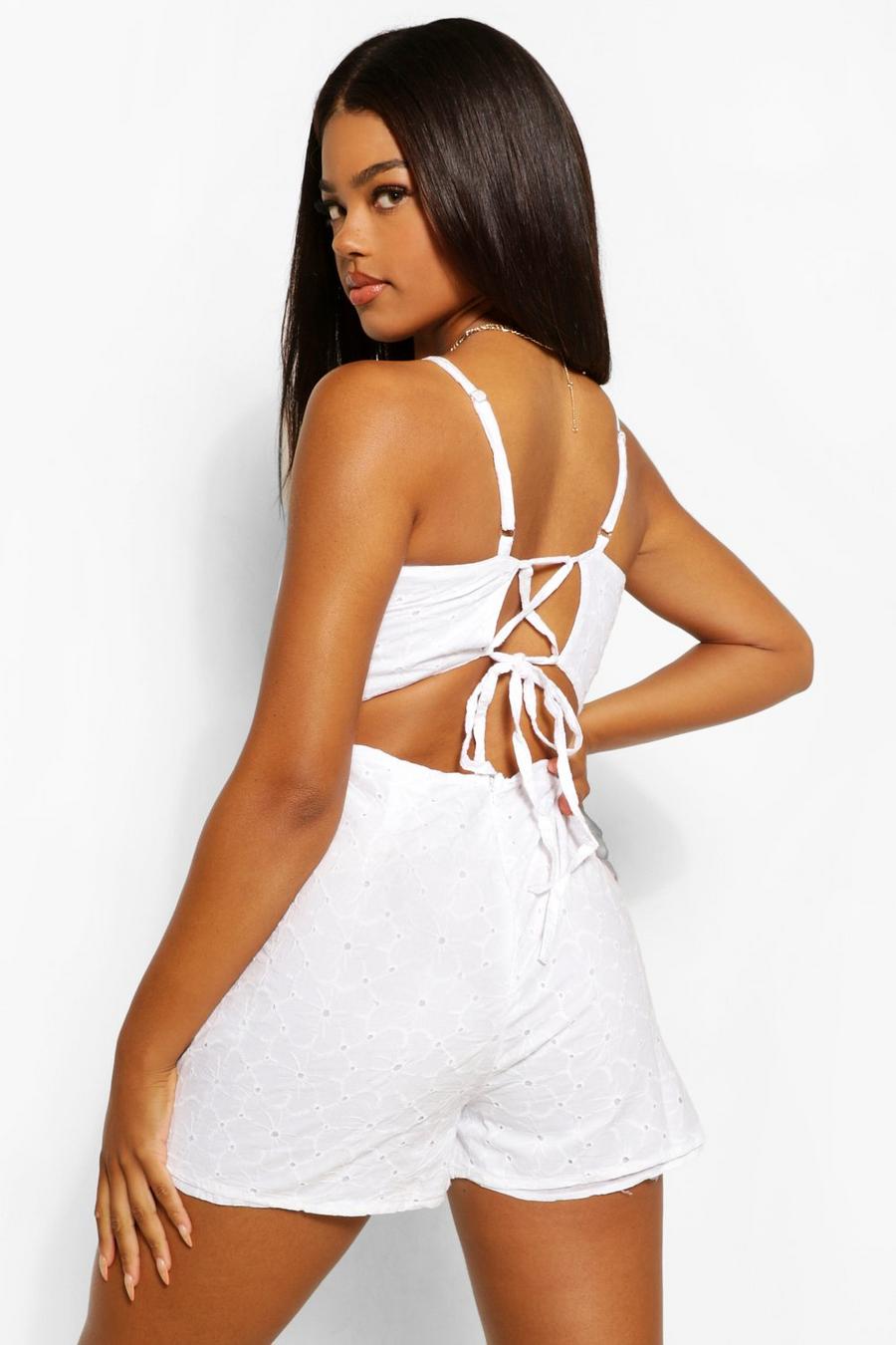 White Broderie Anglaise Strappy Cross Back Playsuit image number 1