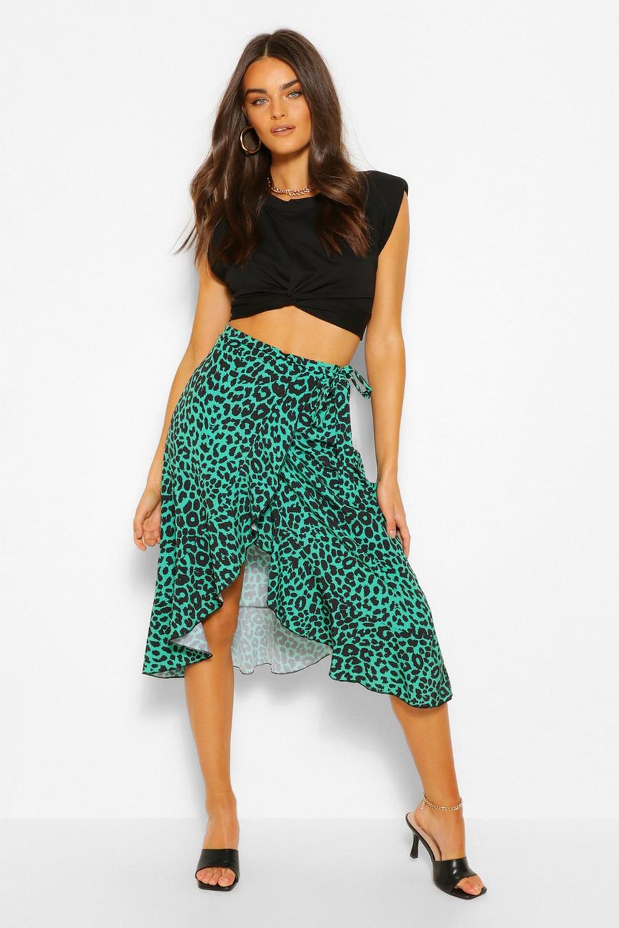 Emerald Leopard Print Ruffle Wrap Midi Skirt image number 1