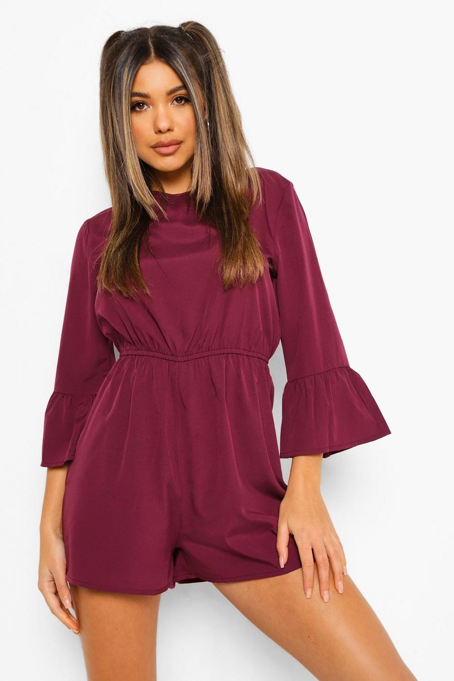 Berry Woven Flared Cuff Sleeve Smock Playsuit image number 1