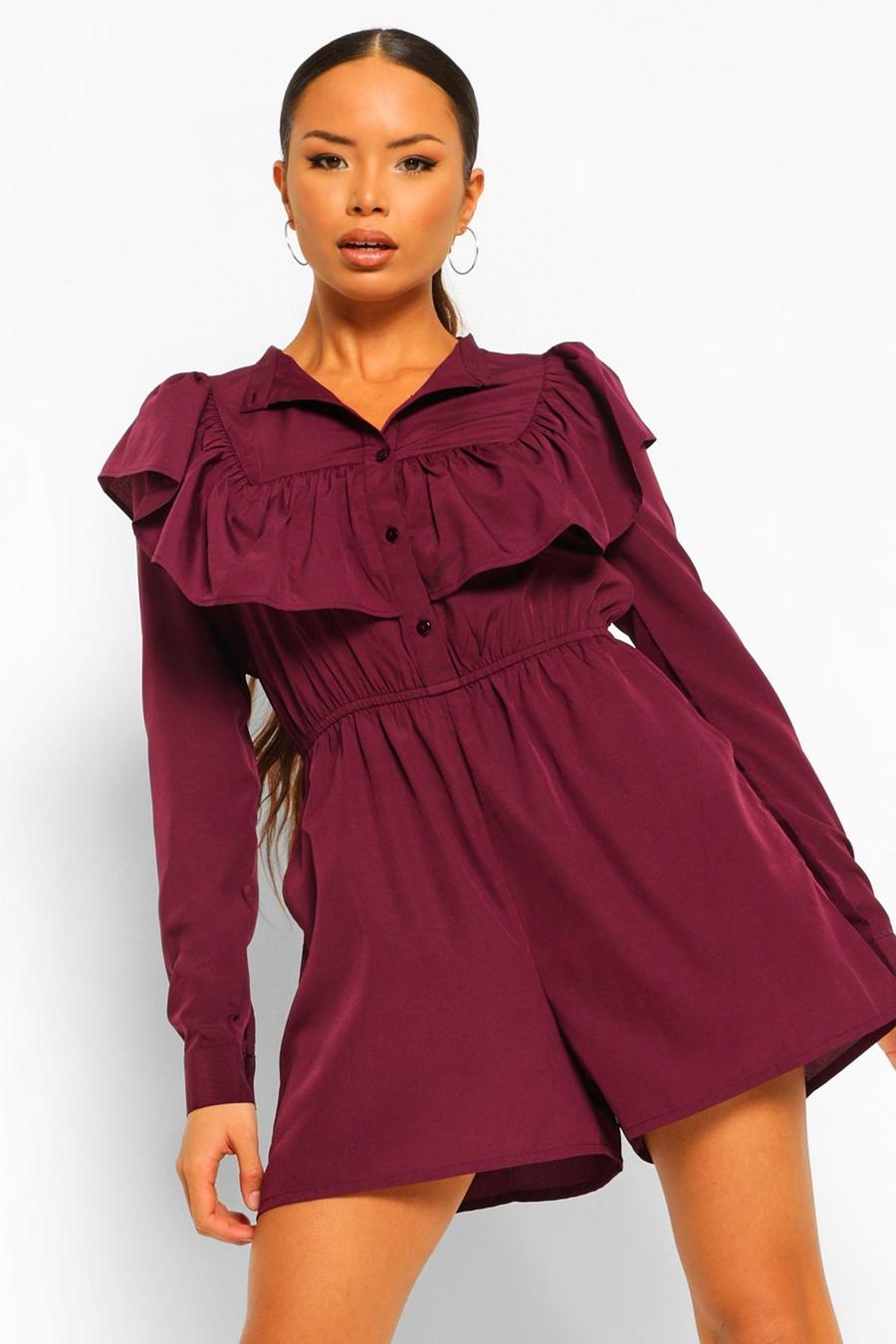Berry Woven Ruffle Front Long Sleeve Smock Romper image number 1
