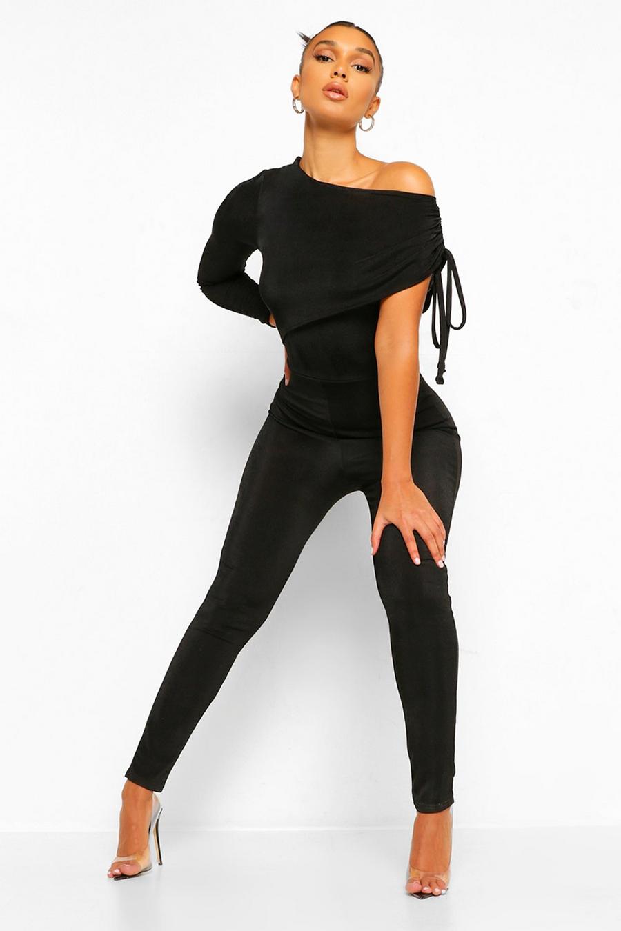 Black Drape Shoulder Ruched Side Asymmetric Jumpsuit image number 1