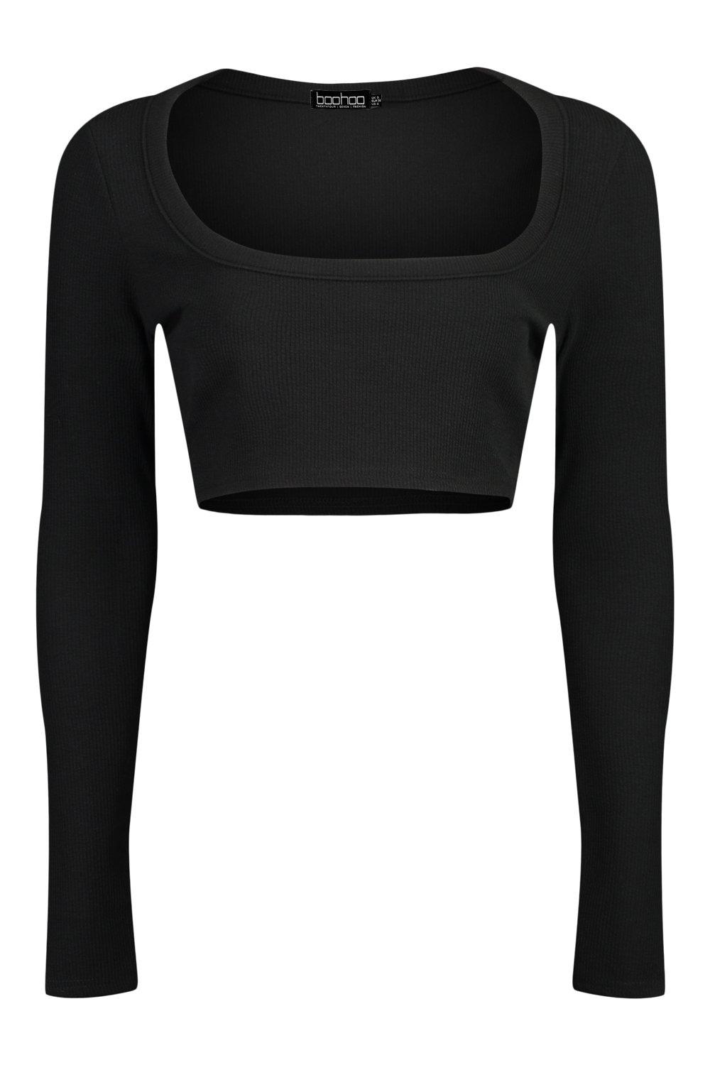 Women s Black Premium Ribbed Scoop Neck Long Sleeve Crop Top