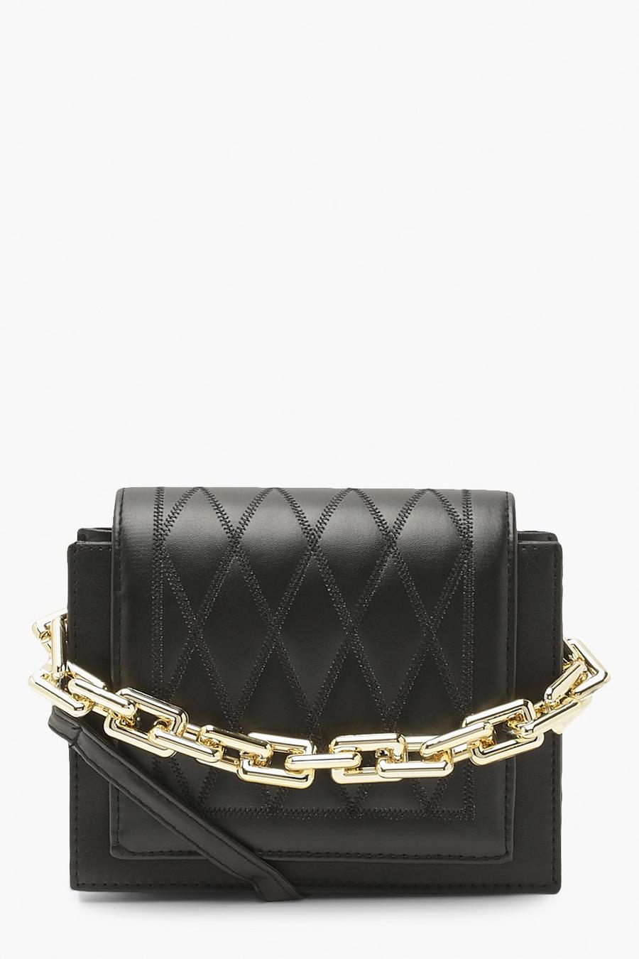 Diamond Quilt Chain Structured Cross Body Bag, Black image number 1