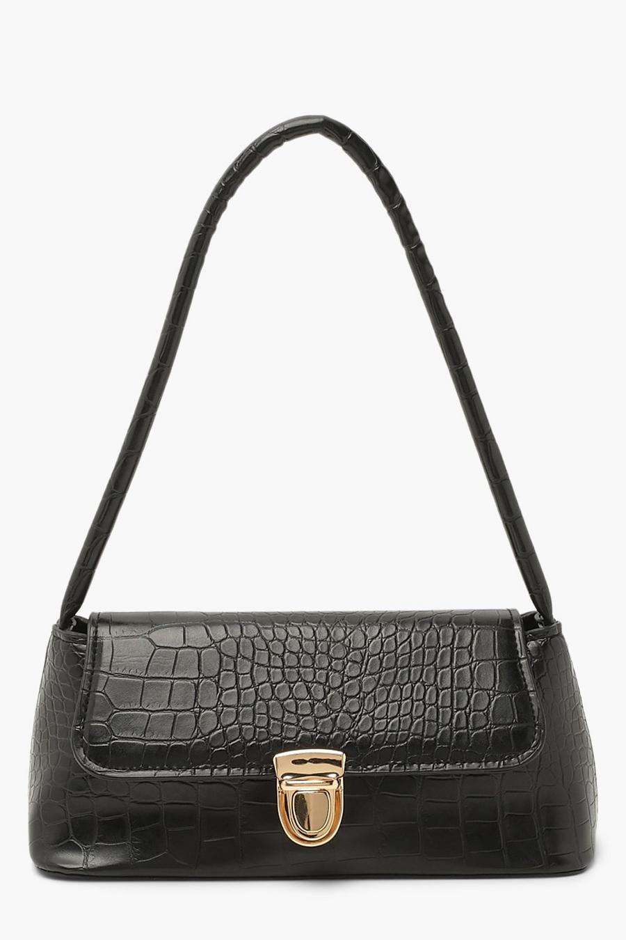 Black Liten handväska med krokodilskinnseffekt och spänne image number 1