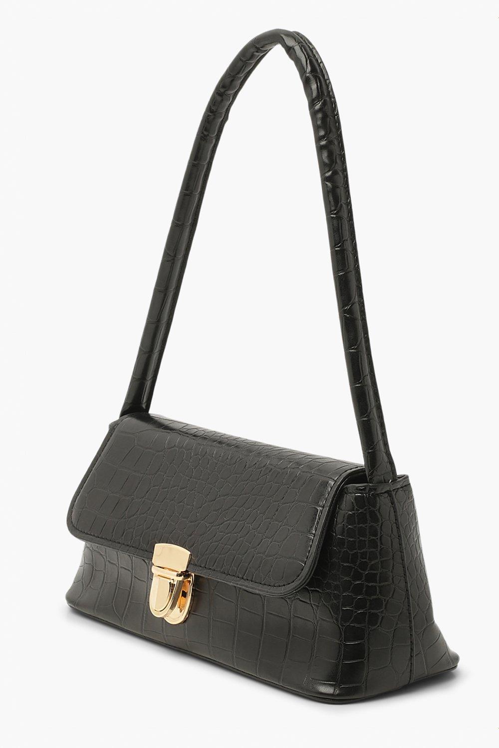 Croc-Embossed Shoulder Bag with Push Lock