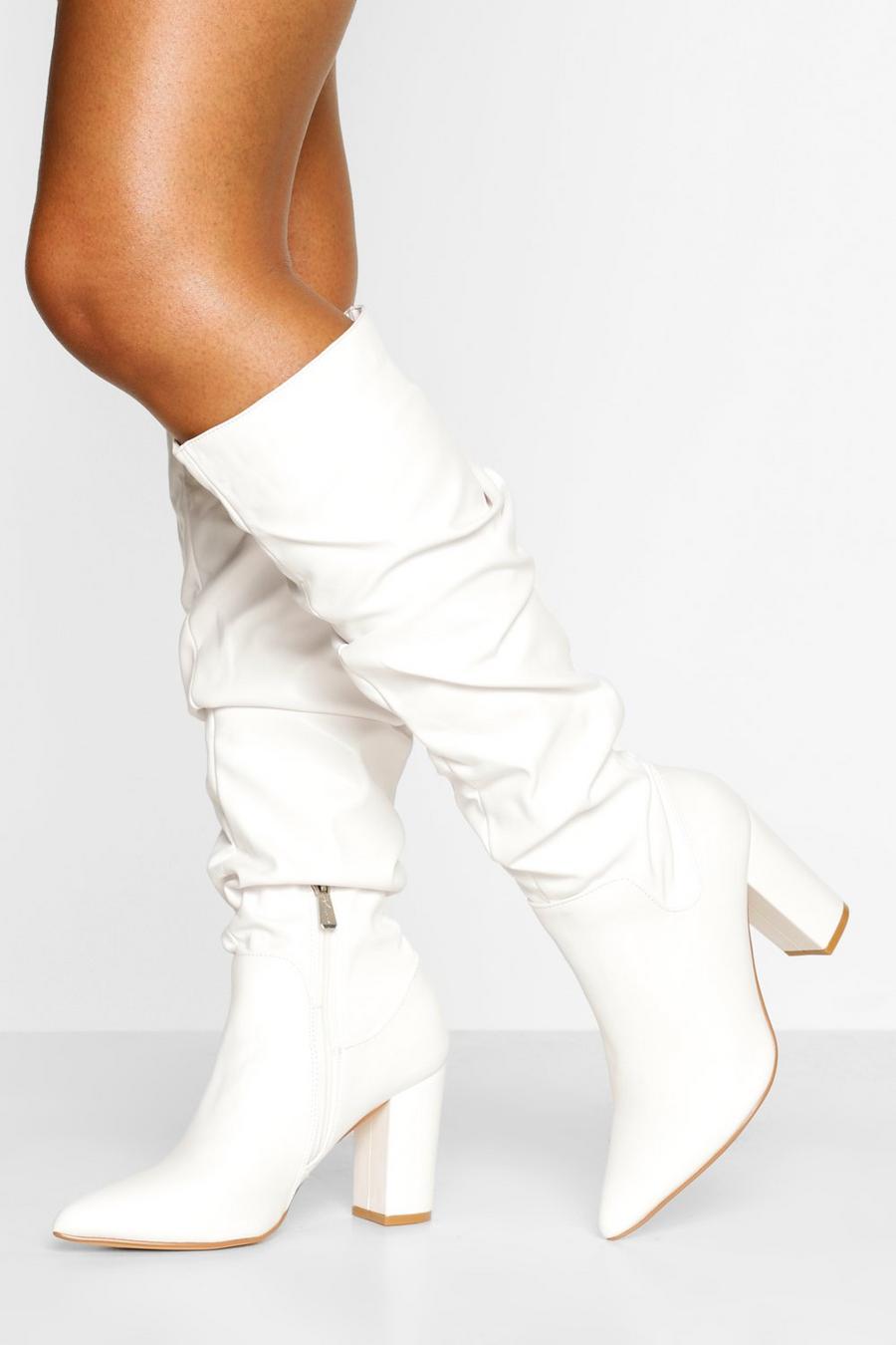 White Slouched Block Heel Knee High Boots image number 1